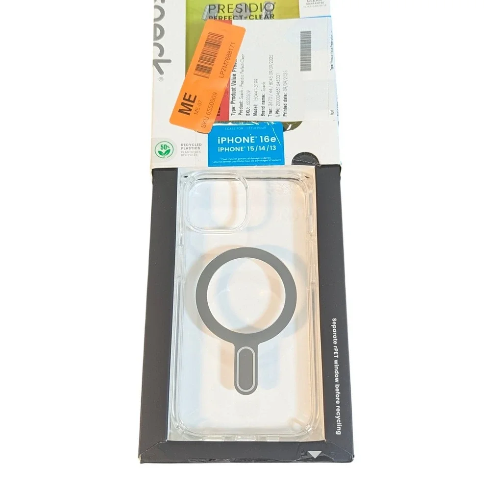 K9-U Speck Presidio Perfect-Clear MagSafe ClickLock Case Apple iPhone 16e‎ 15 14